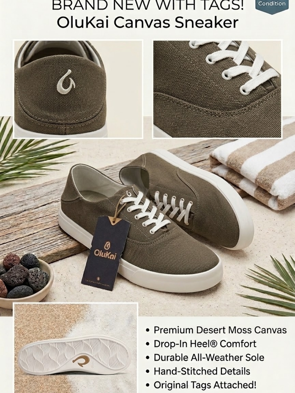 OluKai Desert Moss Canvas Low-Top Sneaker with White Sole